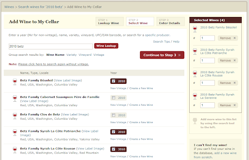 Interface do aplicativo Cellar Tracker