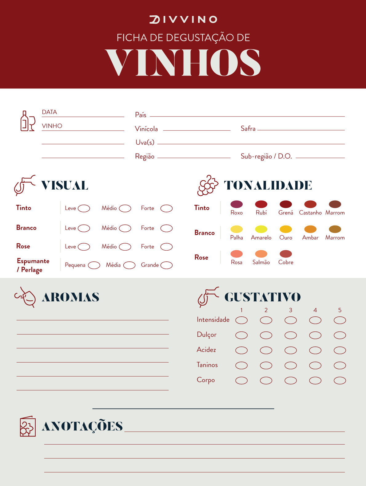 ficha de degustação de vinhos