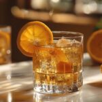 Um copo do drink de Whisky com água tônica e laranja