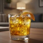Um copo do drink de whisky com maracujá