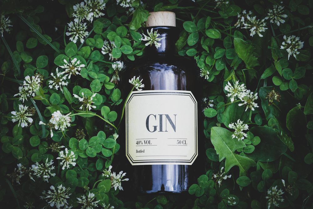 Imagem de uma garrafa de Gin entre flores.