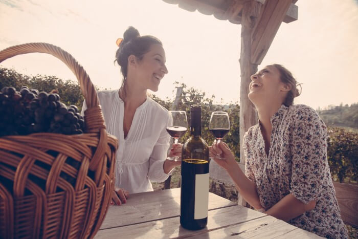 duas mulheres bebendo vinhos tintos leves