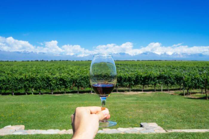 pessoa segurando uma taça de vinho tinto em frente a uma vinícola em mendoza, uma rota dos vinhos na argentina