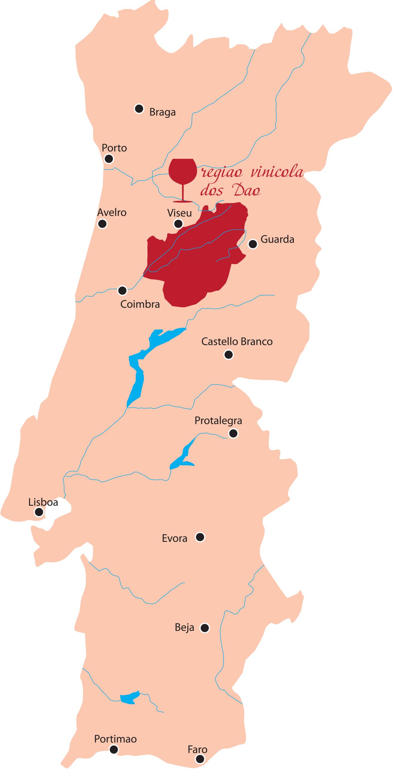 Mapa das regiões produtoras de vinho de Portugal. Em vermelho, está o Dão.
