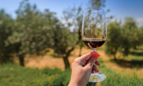 Pessoa Segurando Uma Taça Com Vinho Supertoscano E Uma Vinícola Ao Fundo.