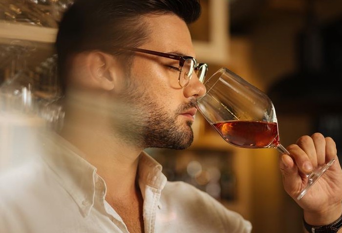 homem apreciando o vinho na taça