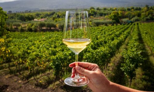 Taça De Vinho Branco Em Frente A Vinhedo.