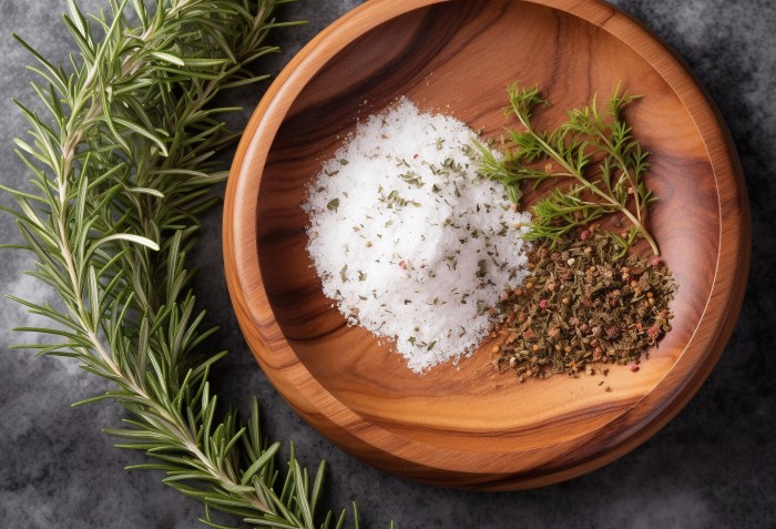 Sal dentro de um prato de madeira com ervas dentro e ao lado.