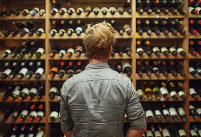 Um homem de costas olhando para uma adega enorme.