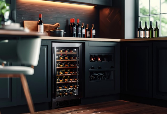 Uma pequena adega na cozinha embutida no balcão.