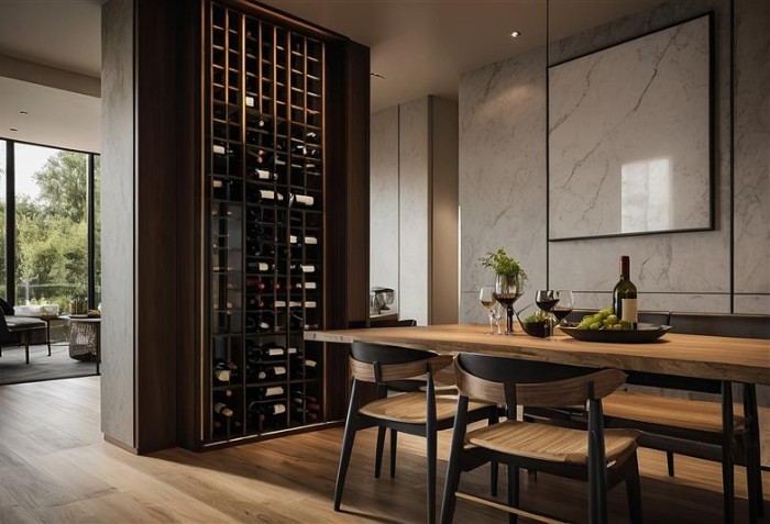 Uma grande adega na parede no meio de uma sala.