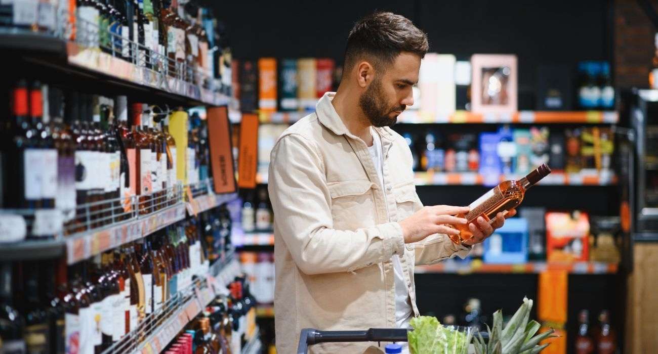 Homem Avaliando Rótulo De Uma Garrafa De Vinho No Mercado.