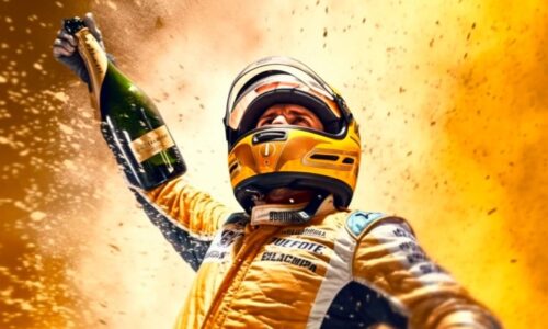 Piloto De Fórmula 1 Comemorando Vitória Com Champagne.
