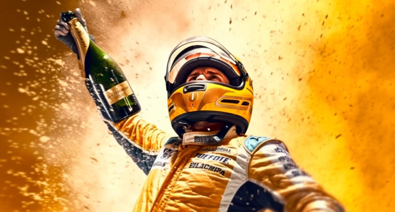Piloto De Fórmula 1 Comemorando Vitória Com Champagne.